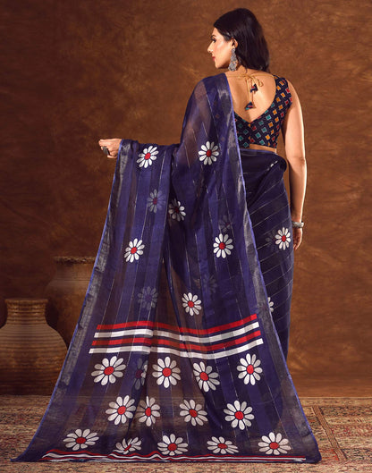 Blue Silk Floral Printed Saree