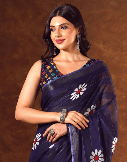 Blue Silk Floral Printed Saree