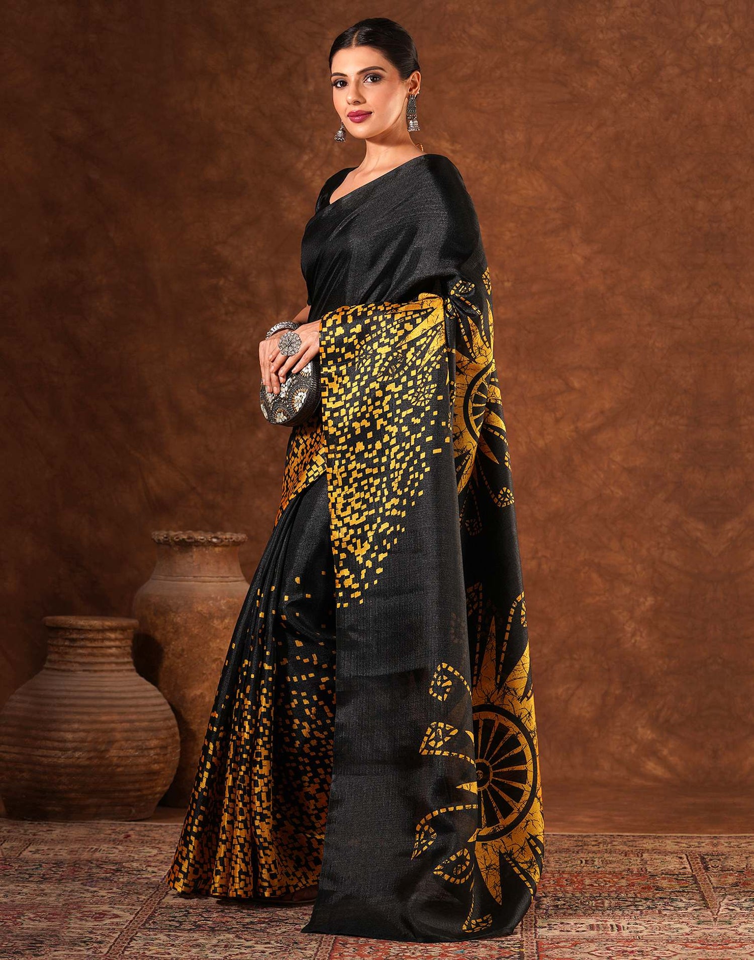 Black Cotton Blend Printed Saree