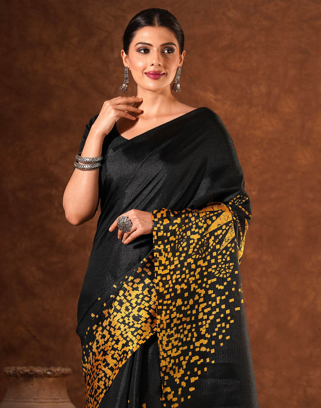 Black Cotton Blend Printed Saree