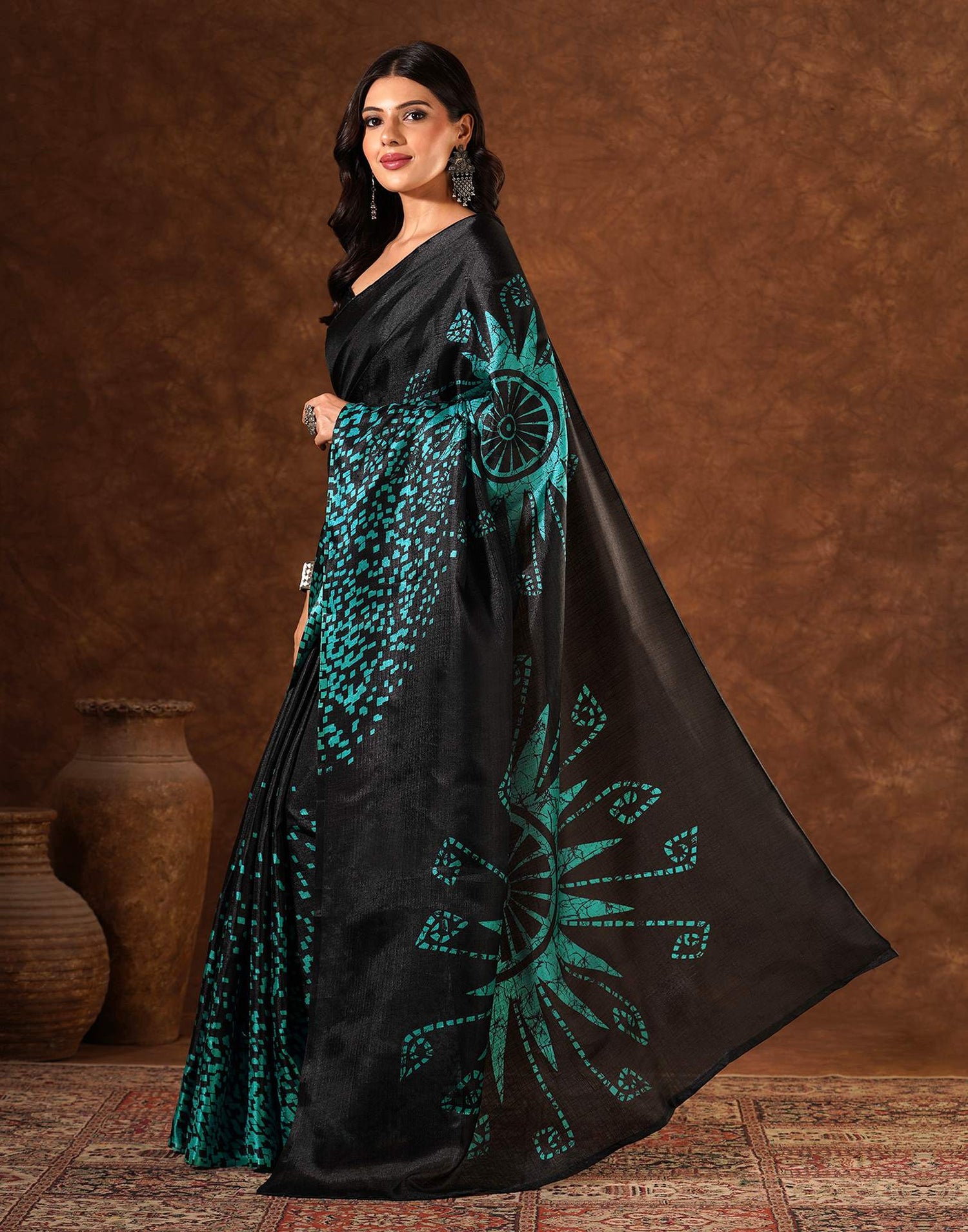 Black Cotton Blend Printed Saree