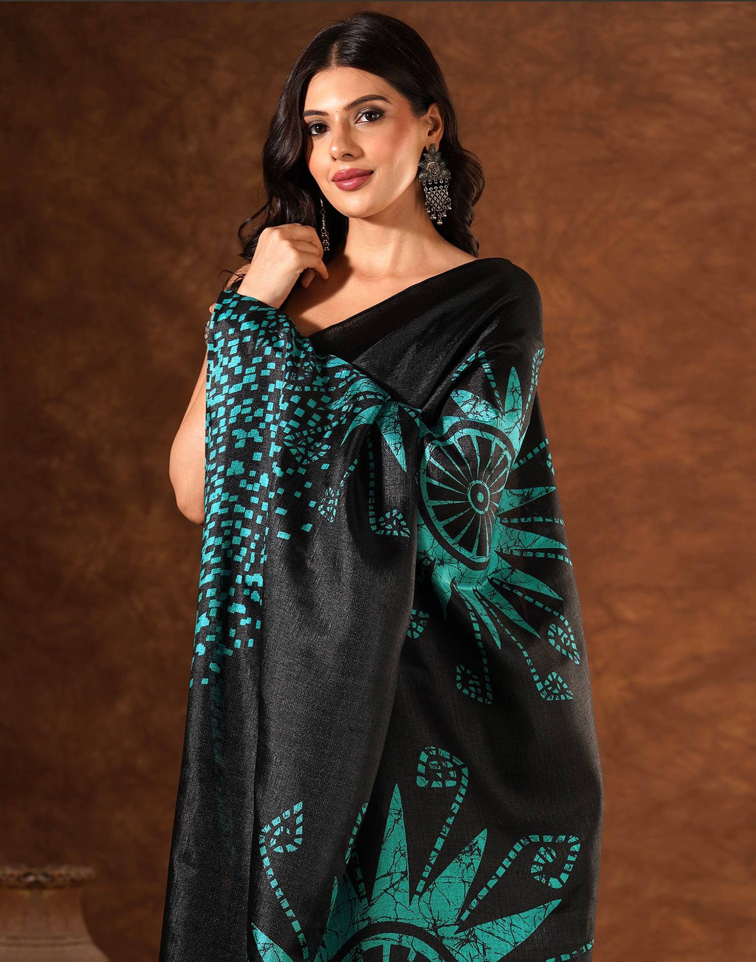 Black Cotton Blend Printed Saree