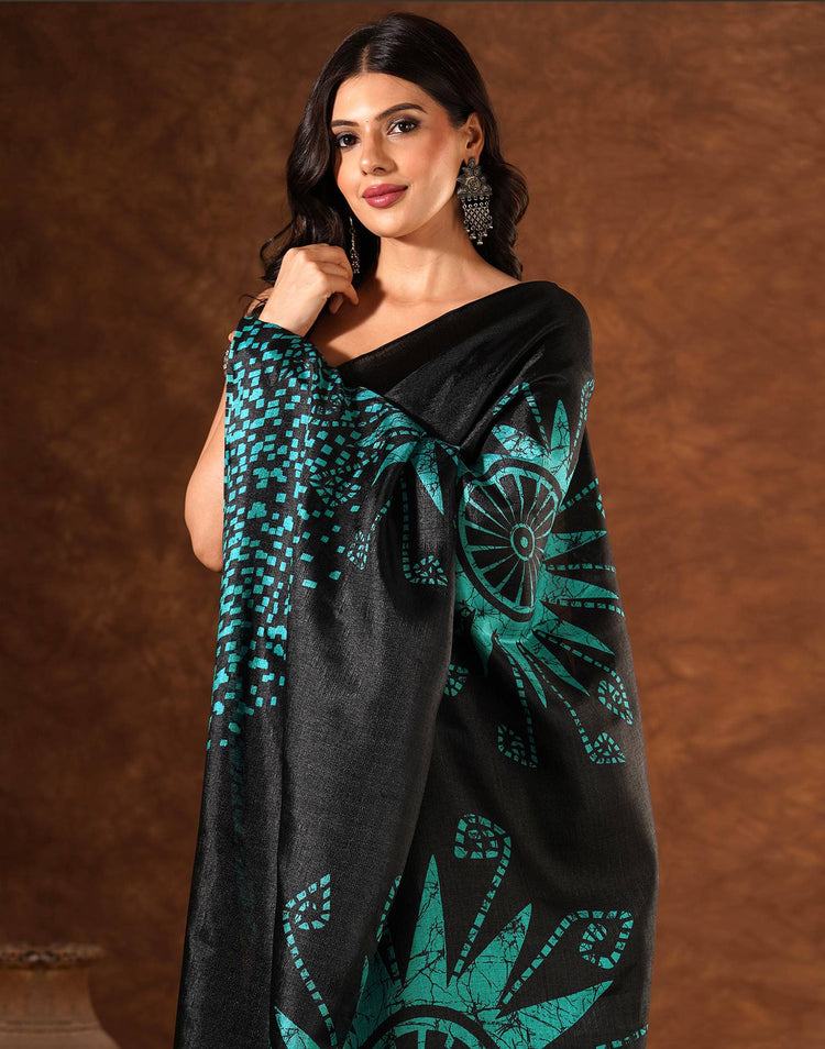 Black Cotton Blend Printed Saree