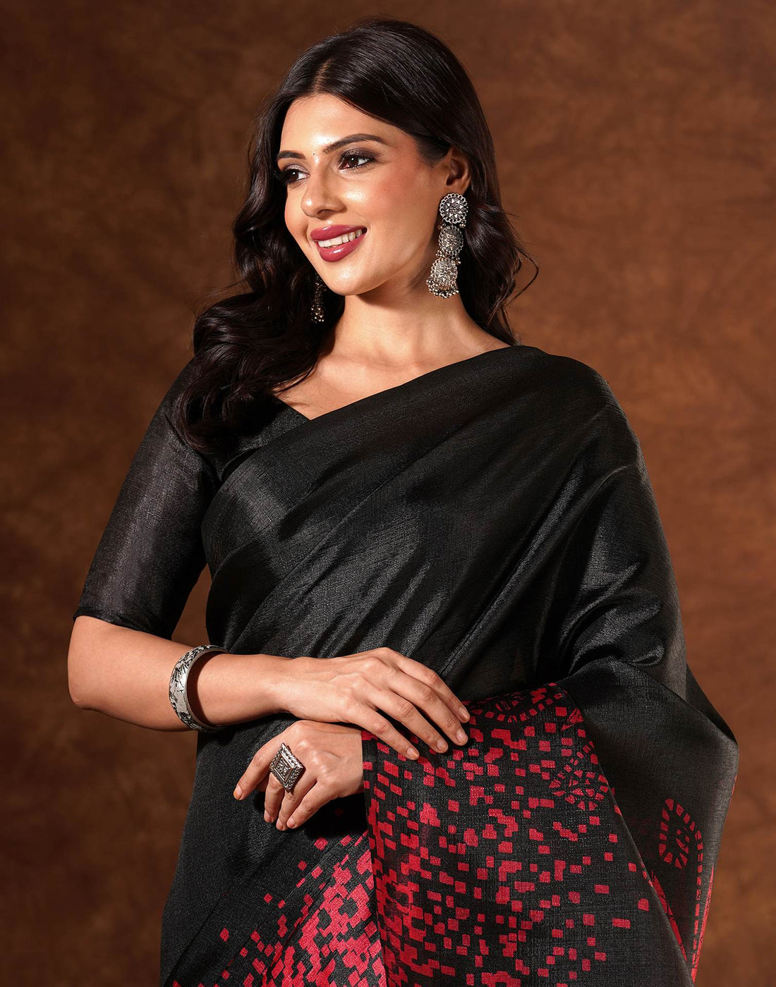 Black Cotton Blend Printed Saree