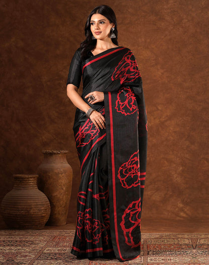 Black Cotton Blend Printed Saree