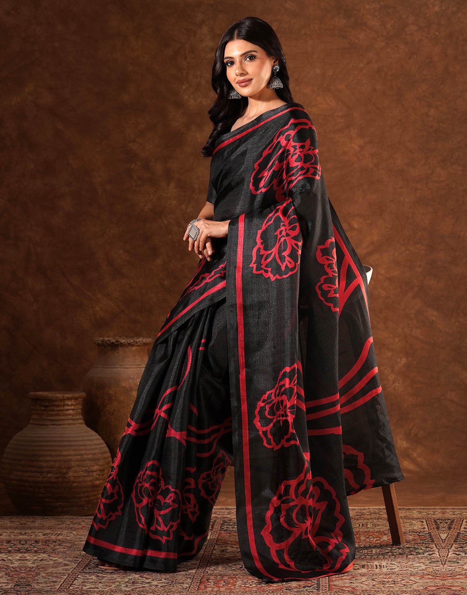 Black Cotton Blend Printed Saree