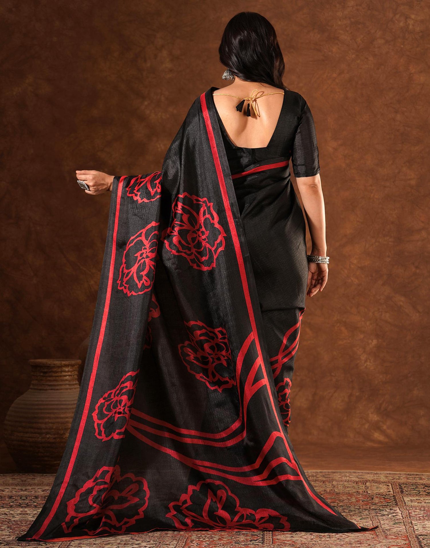 Black Cotton Blend Printed Saree