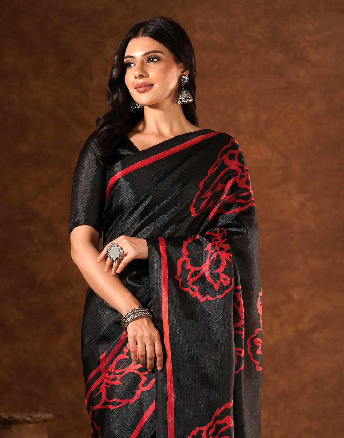 Black Cotton Blend Printed Saree