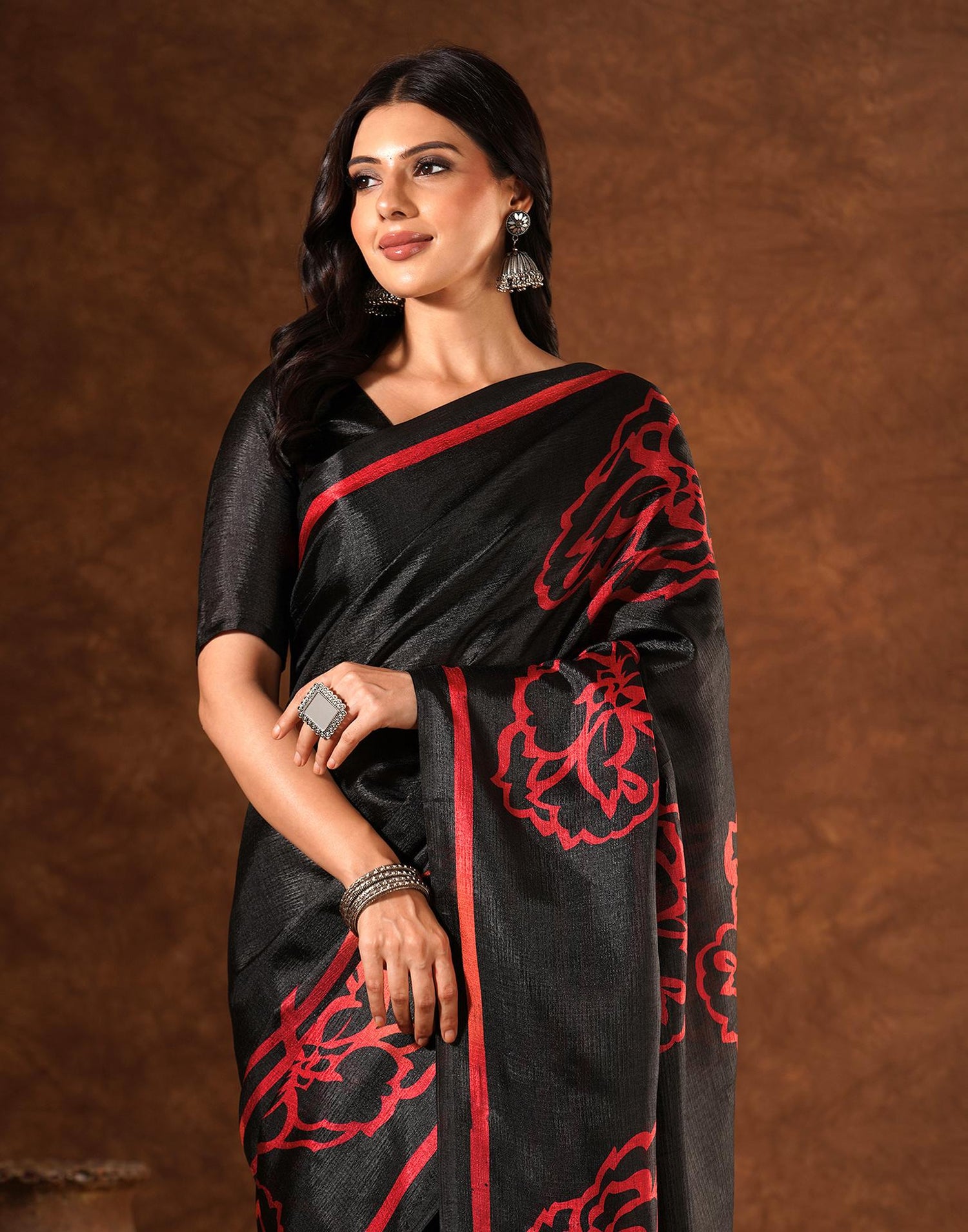 Black Cotton Blend Printed Saree