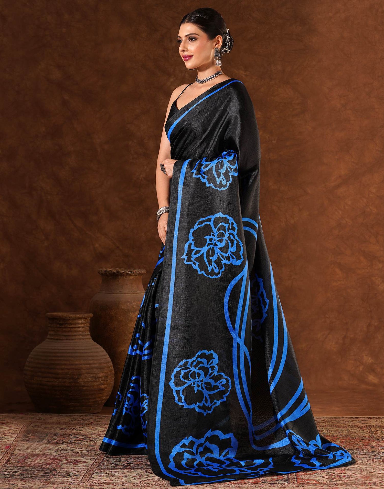 Black Cotton Blend Printed Saree