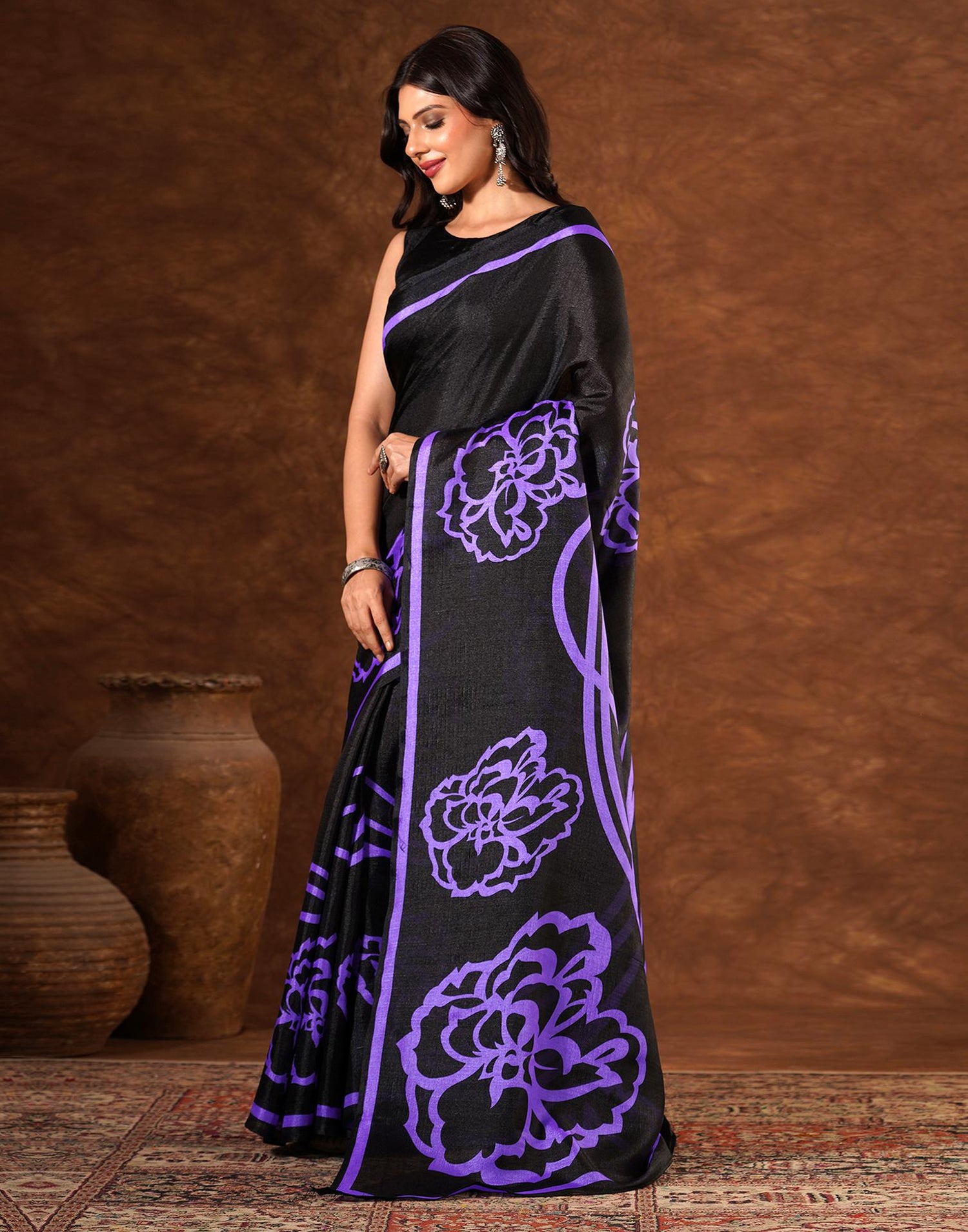 Black Cotton Blend Printed Saree