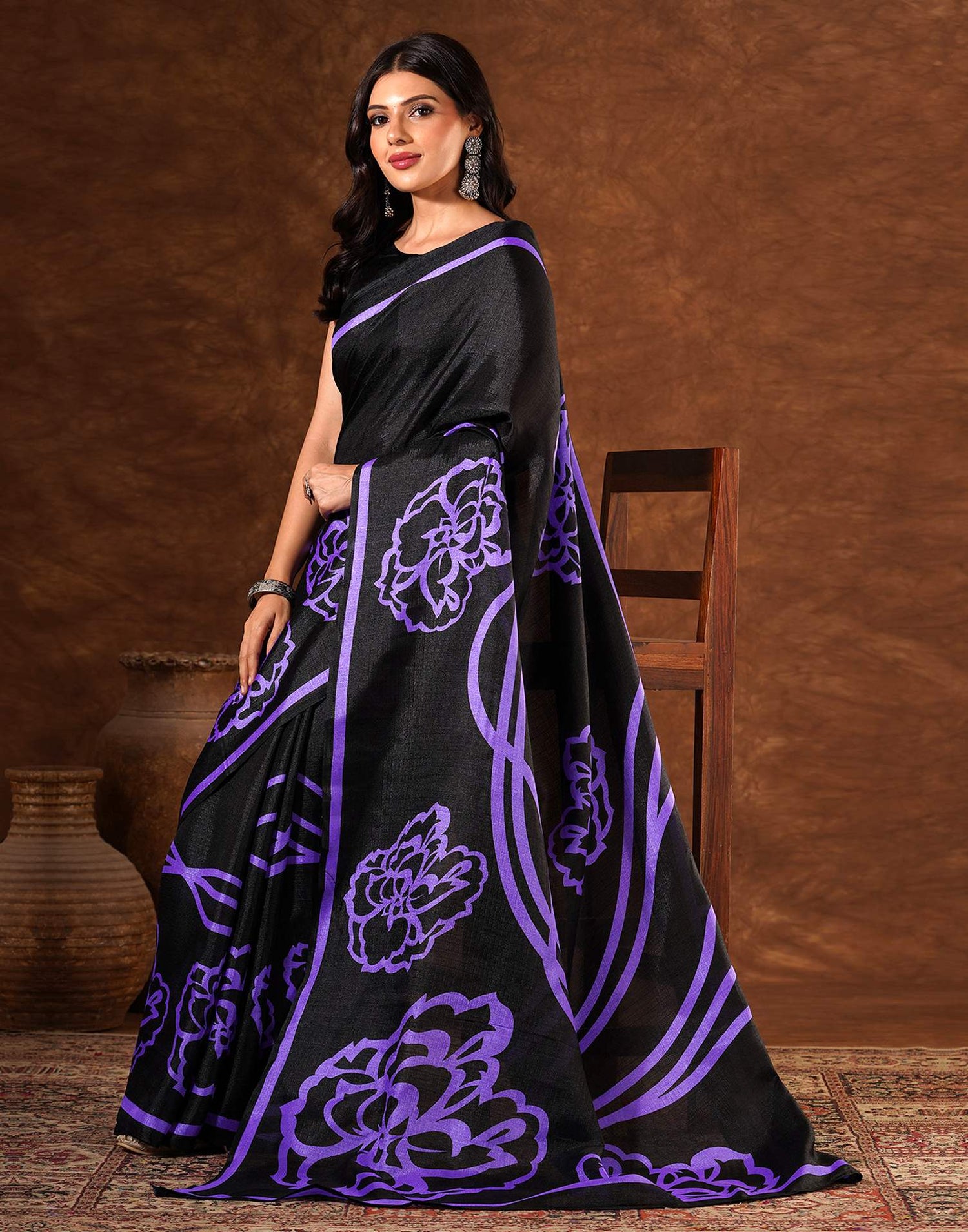 Black Cotton Blend Printed Saree
