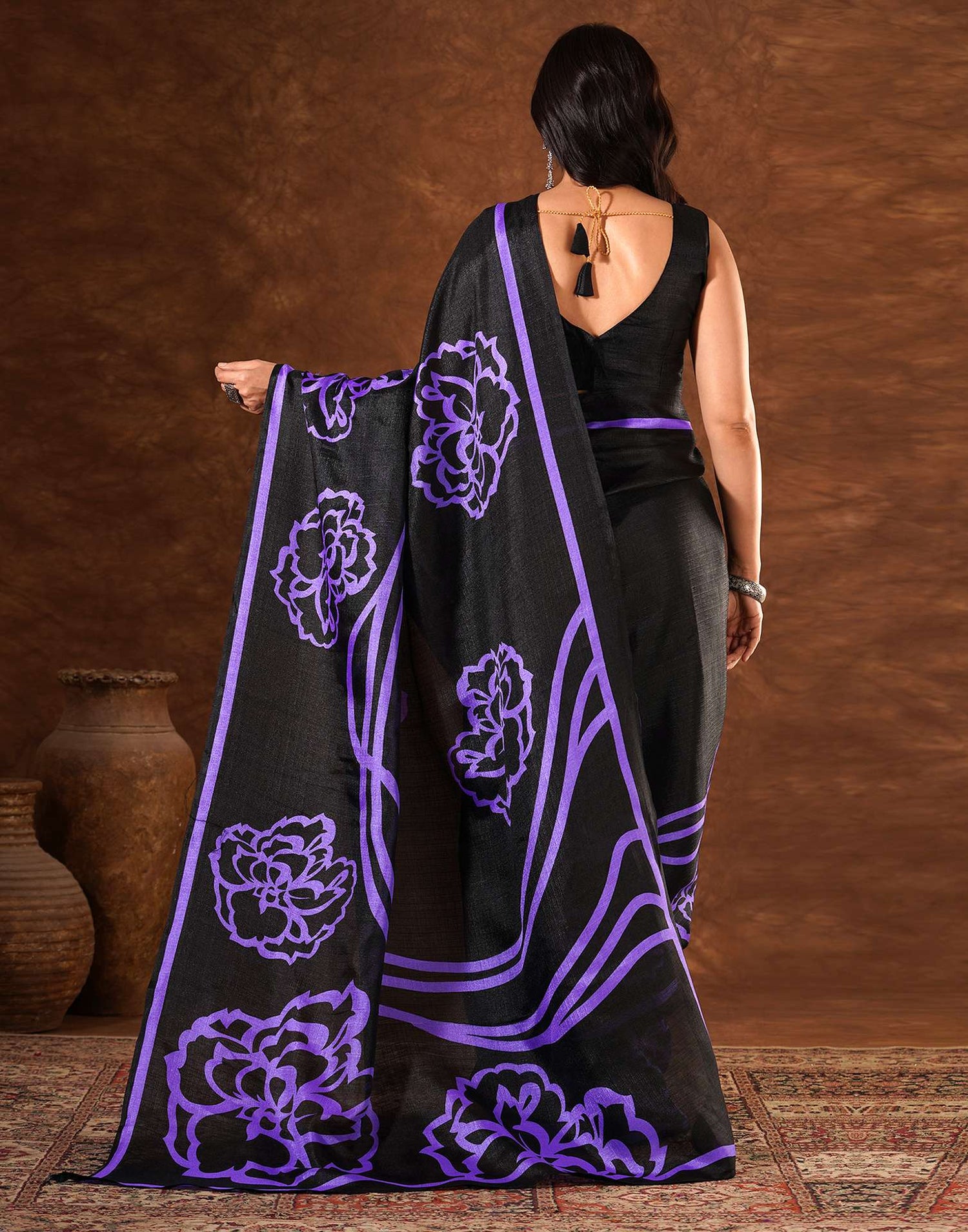 Black Cotton Blend Printed Saree