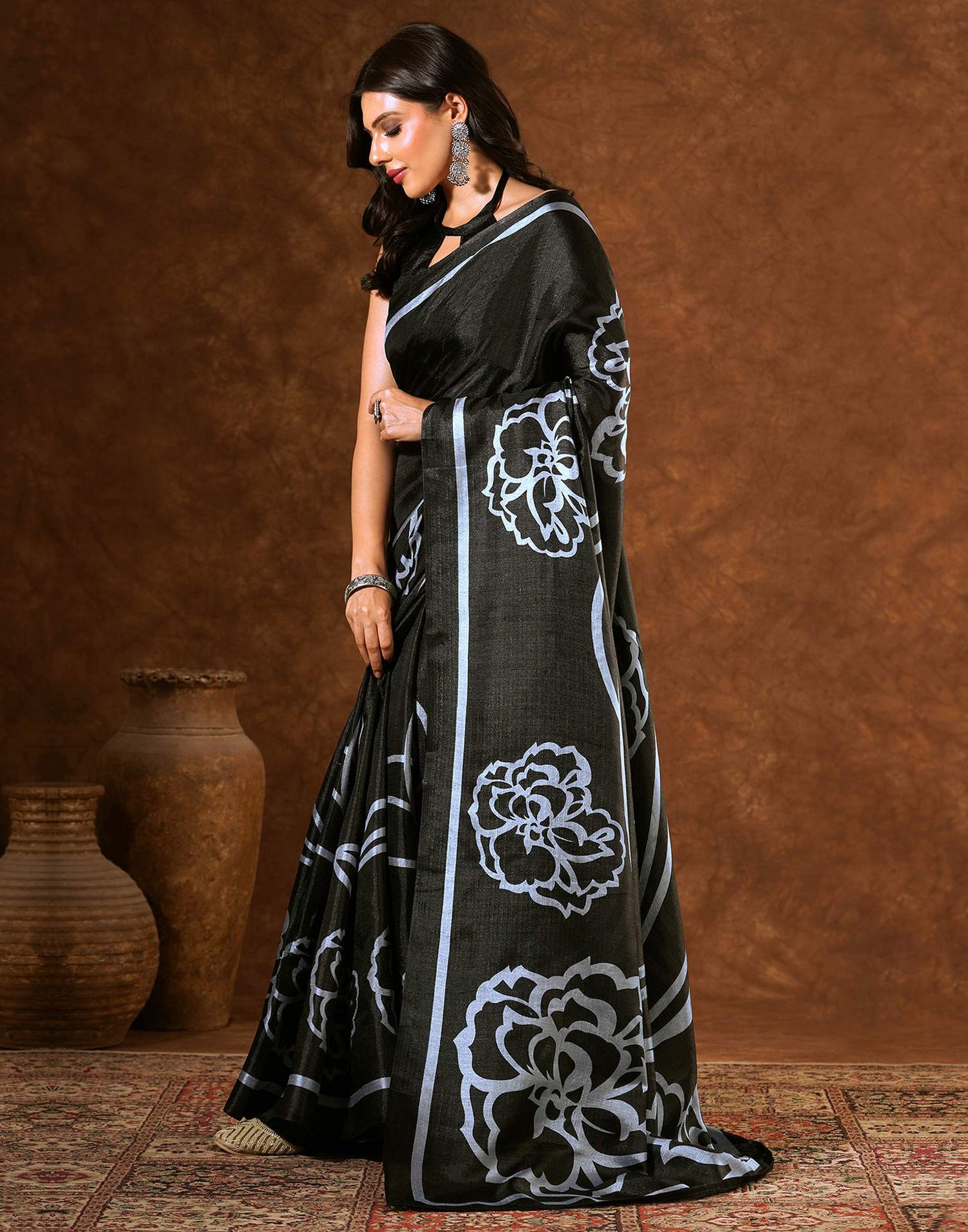 Black Cotton Blend Printed Saree