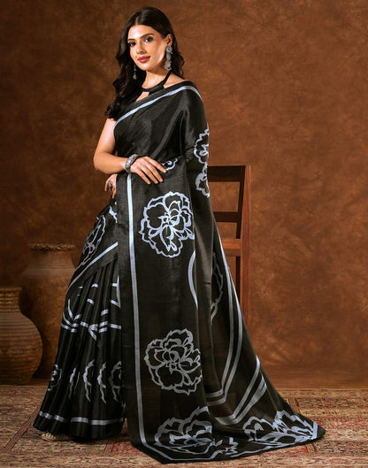 Black Cotton Blend Printed Saree