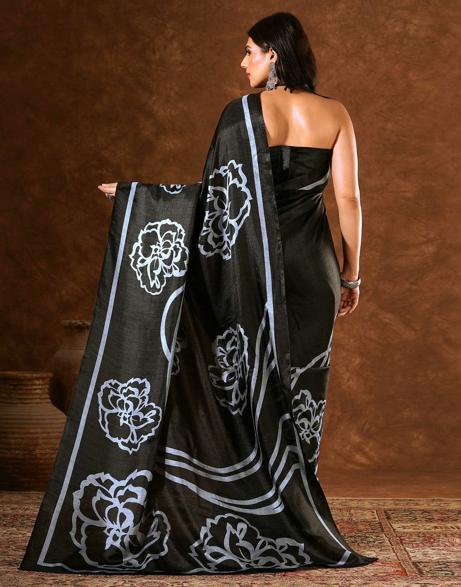 Black Cotton Blend Printed Saree