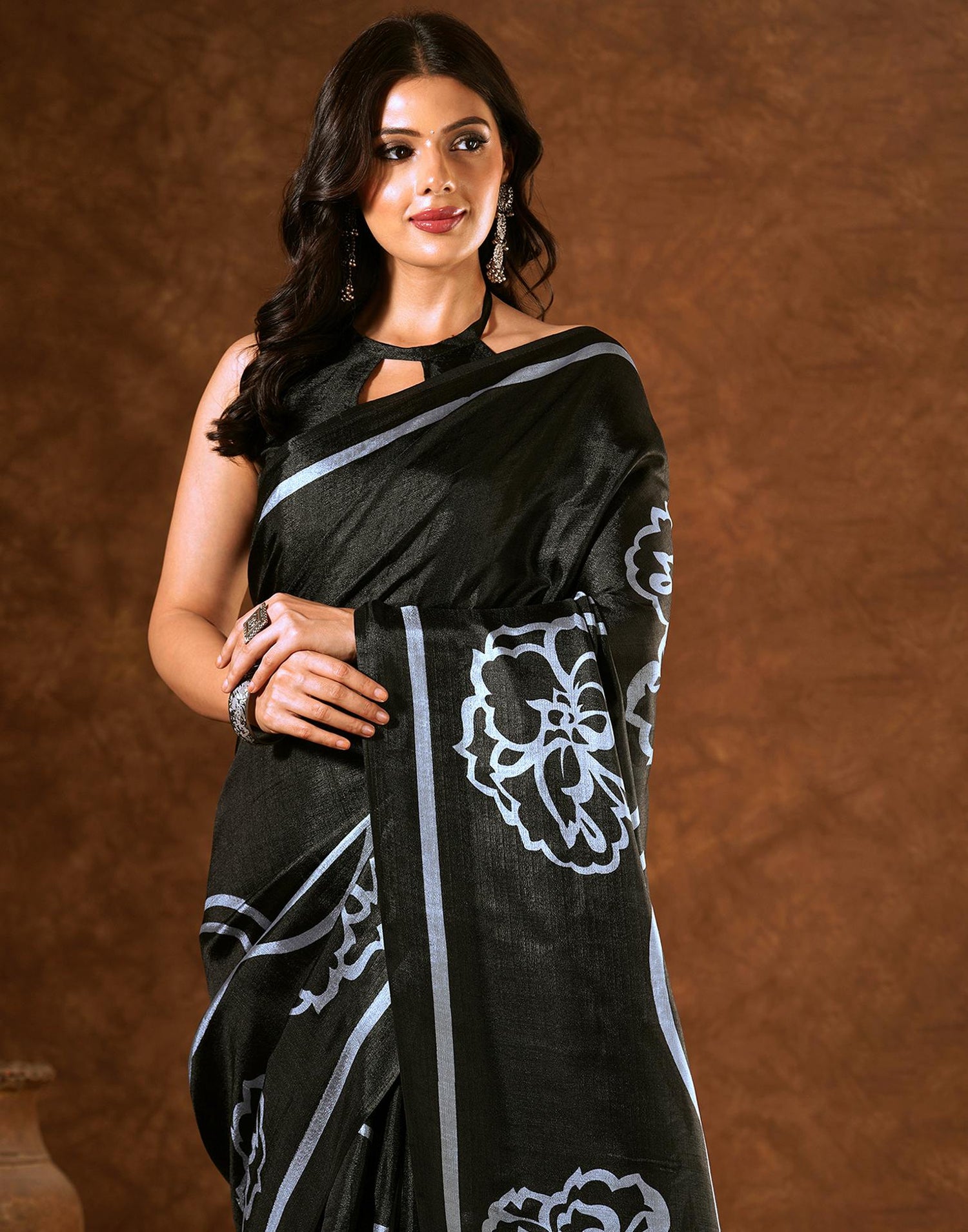 Black Cotton Blend Printed Saree
