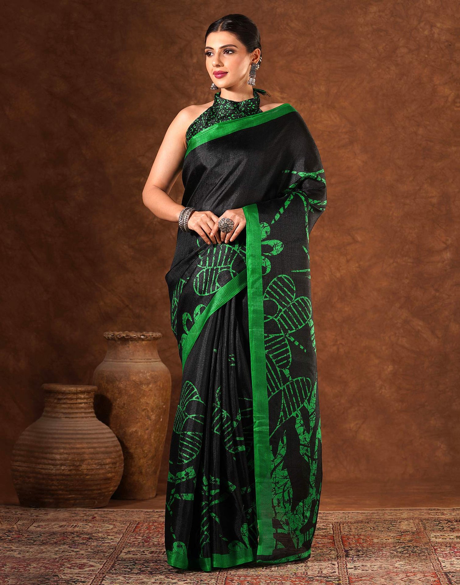 Black Cotton Blend Printed Saree