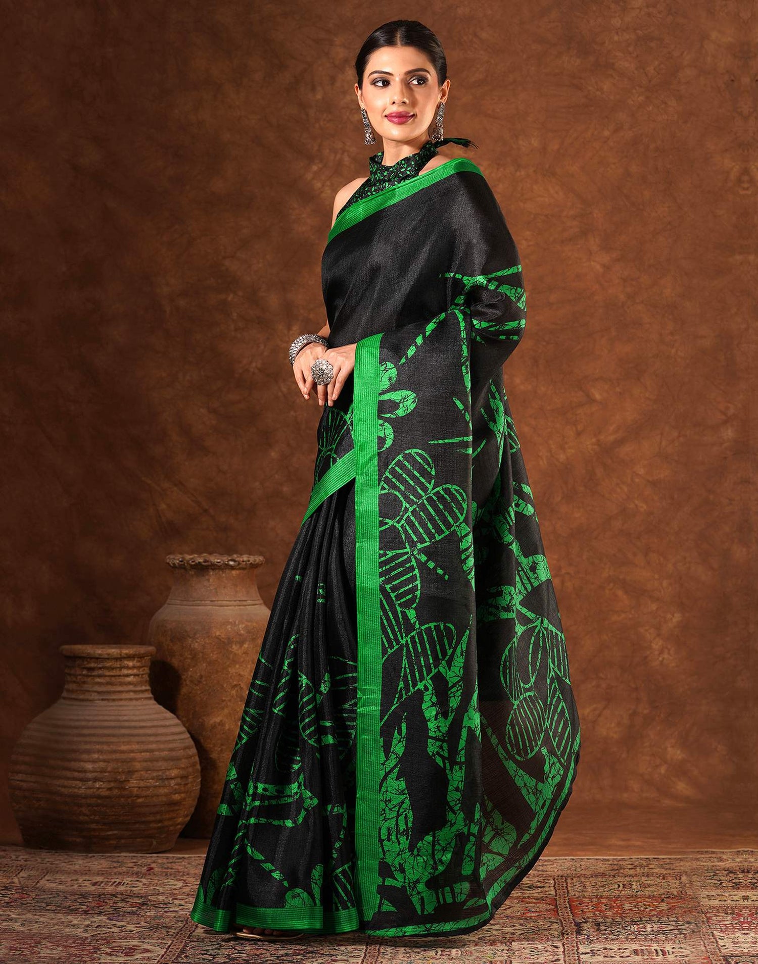 Black Cotton Blend Printed Saree
