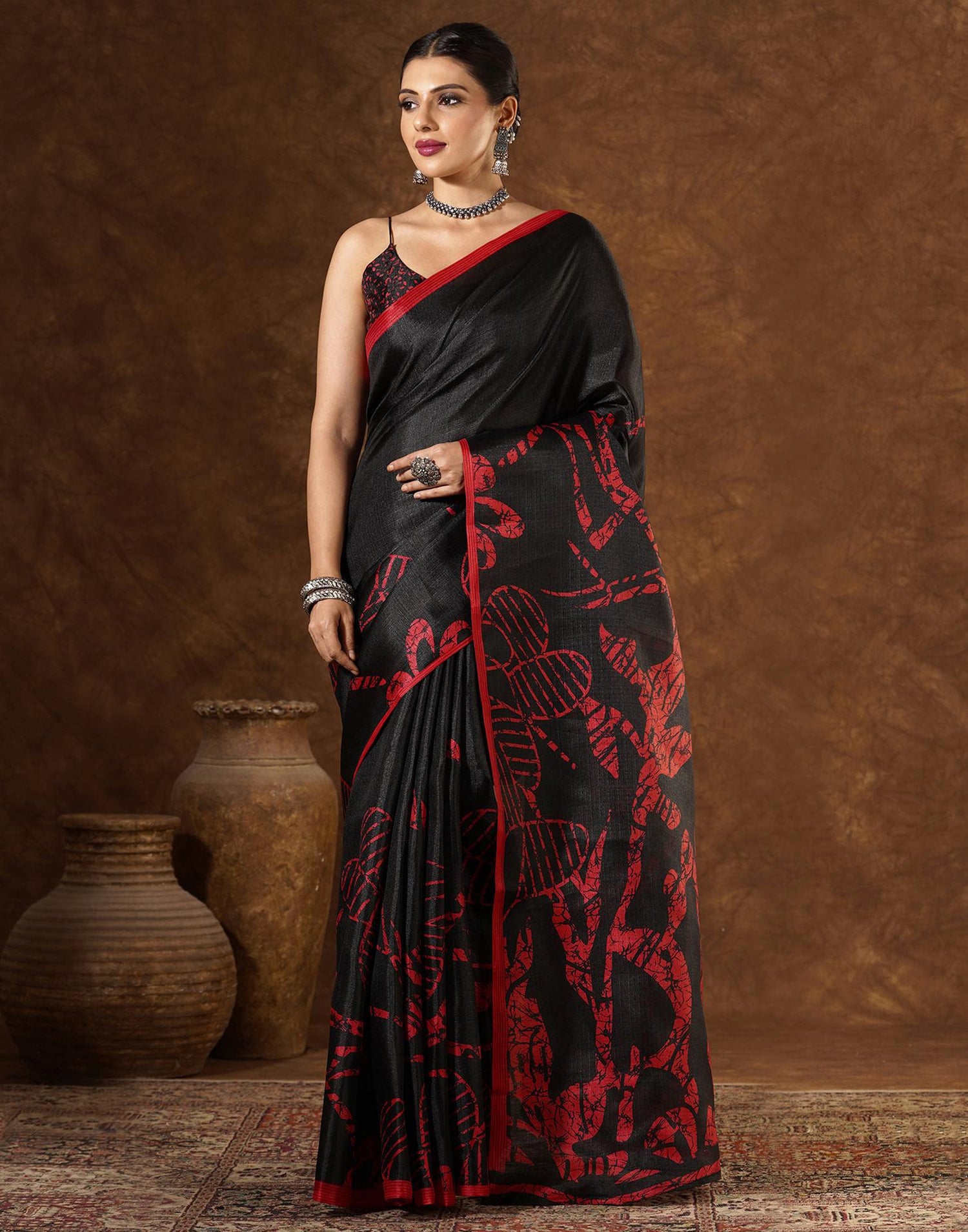 Black Cotton Blend Printed Saree