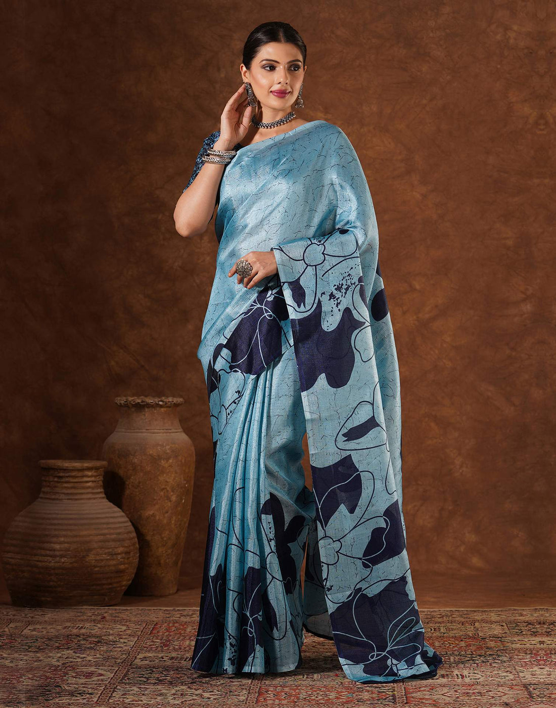 Blue Cotton Printed Saree