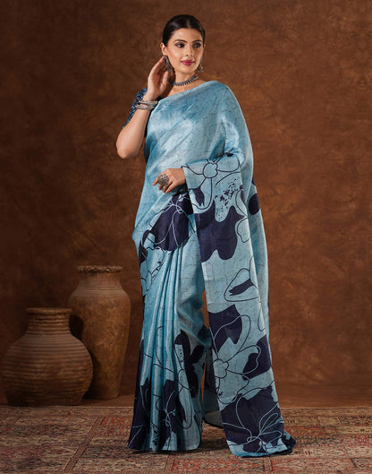 Blue Cotton Printed Saree