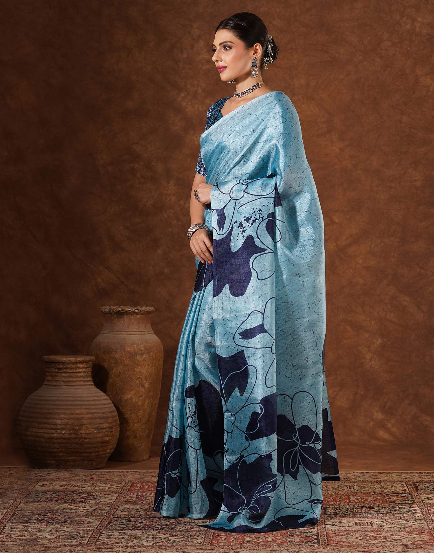 Blue Cotton Printed Saree