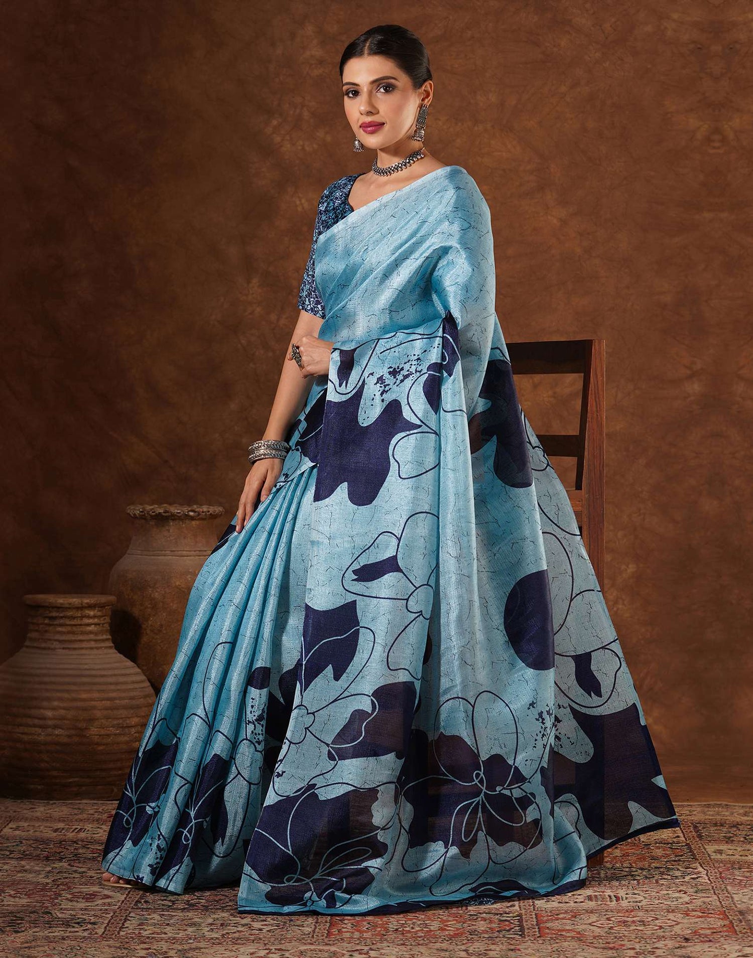 Blue Cotton Printed Saree