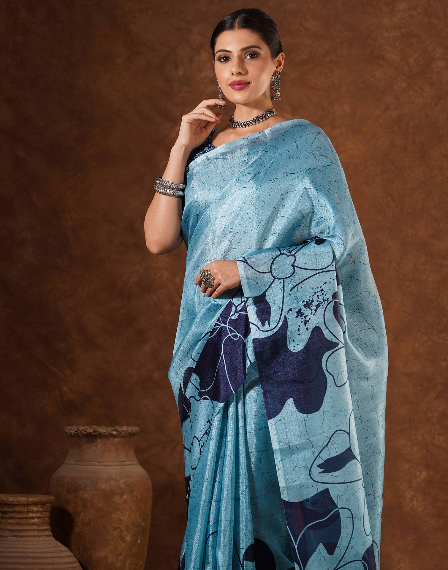 Blue Cotton Printed Saree