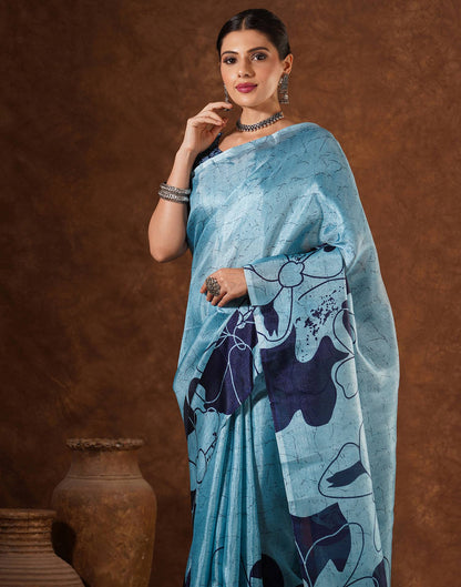 Blue Cotton Printed Saree