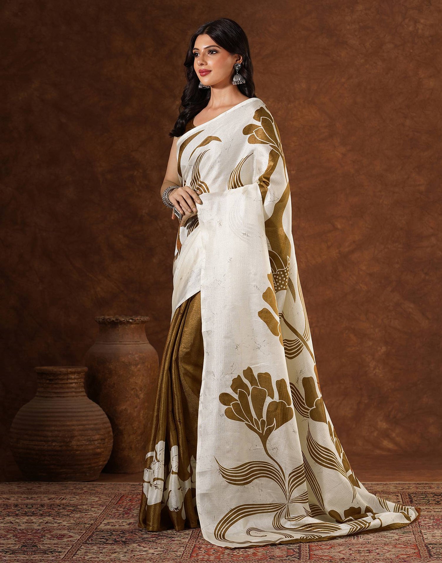 Off White Cotton Printed Saree