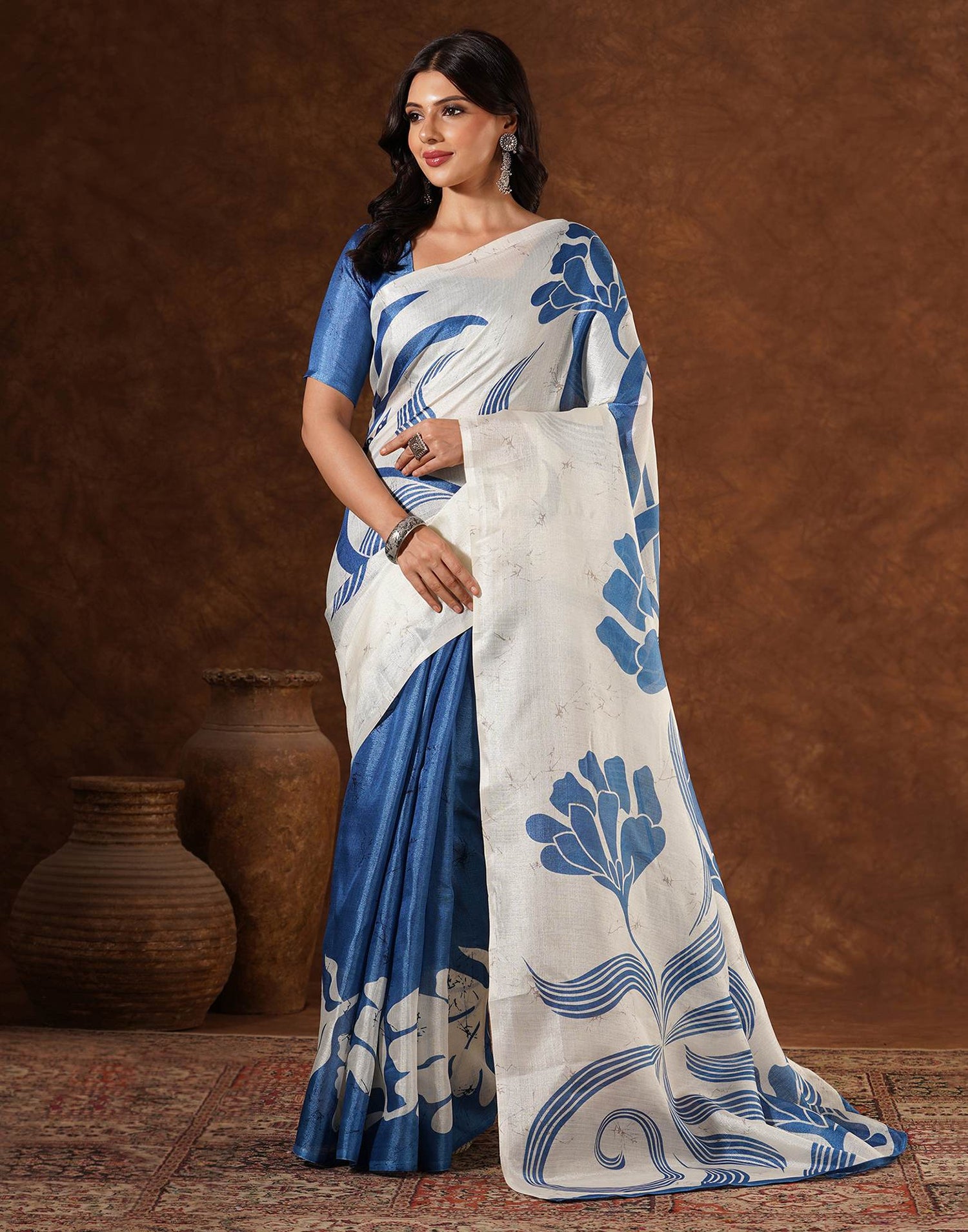 Blue Cotton Printed Saree