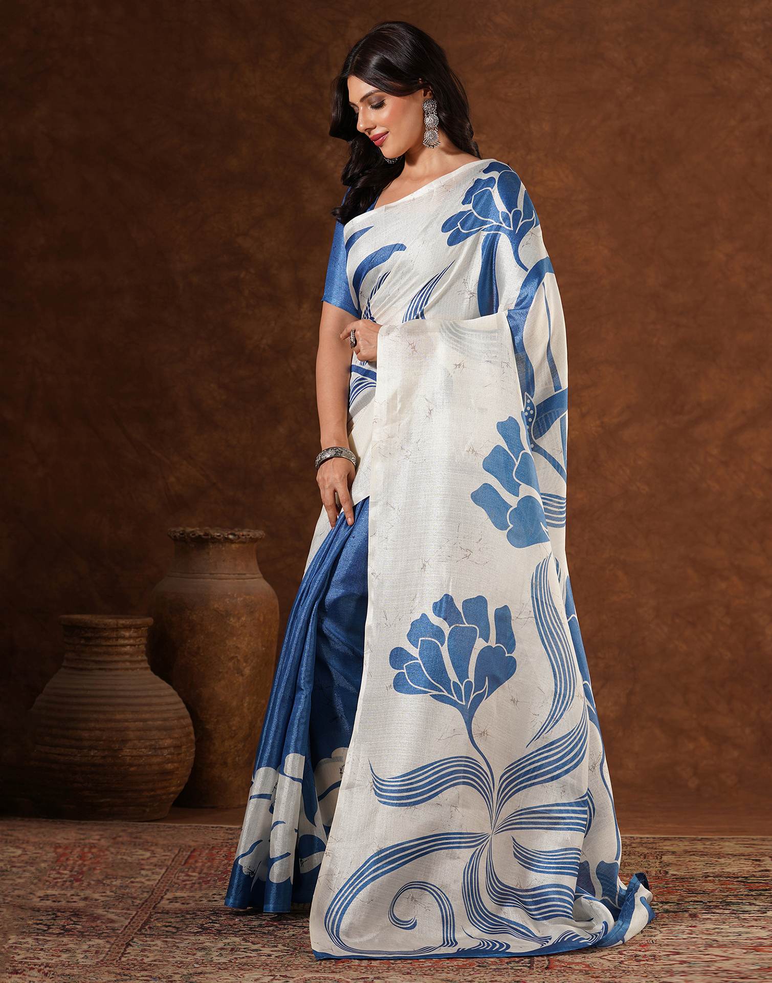 Blue Cotton Printed Saree