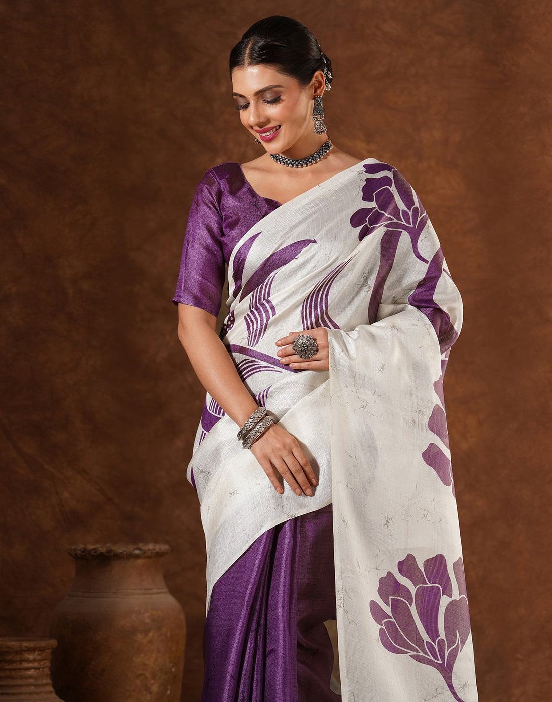 Purple Cotton Printed Saree