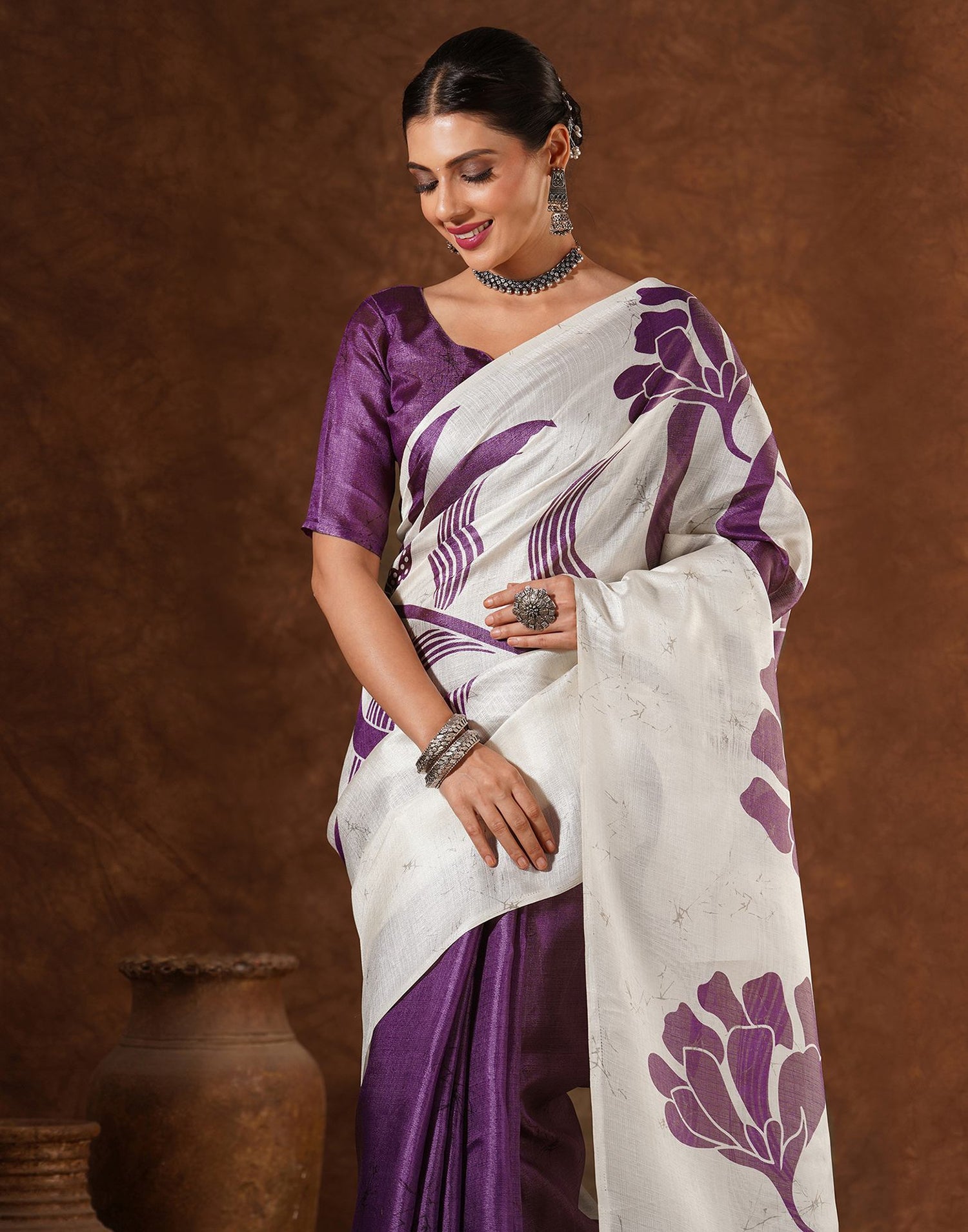 Purple Cotton Printed Saree