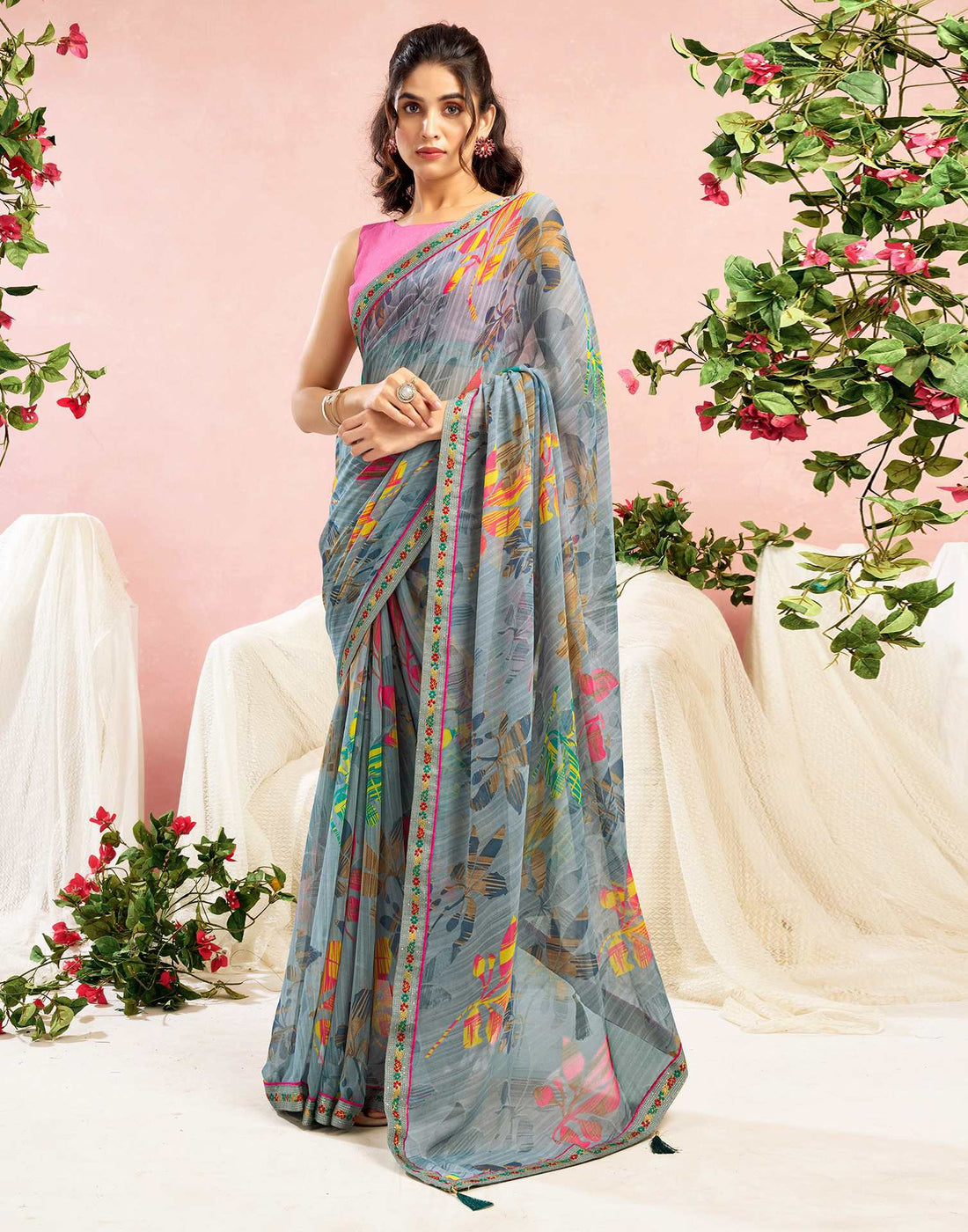 Grey Georgette Printed Saree