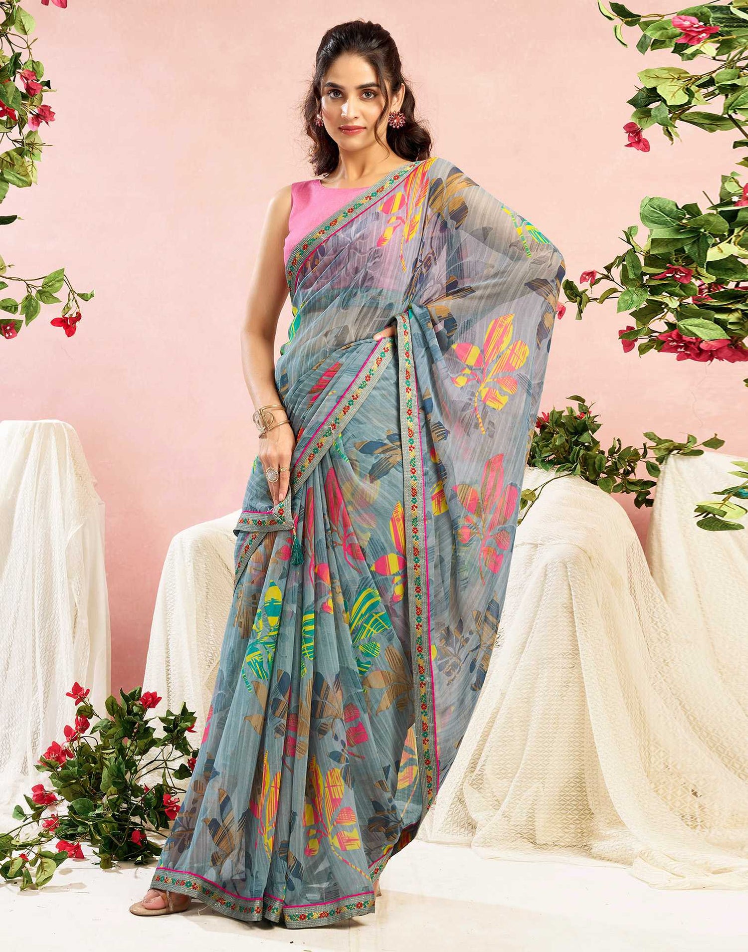 Grey Georgette Printed Saree