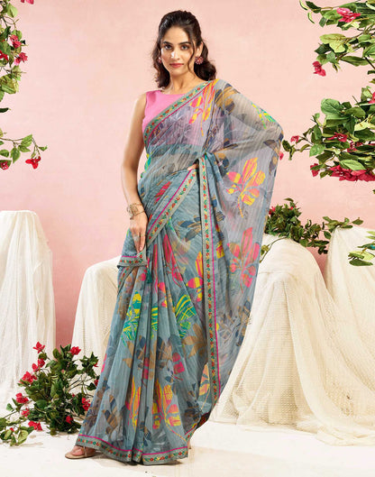 Grey Georgette Printed Saree