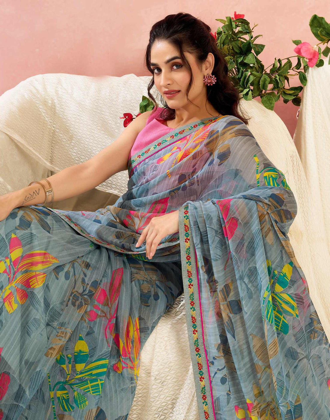 Grey Georgette Printed Saree
