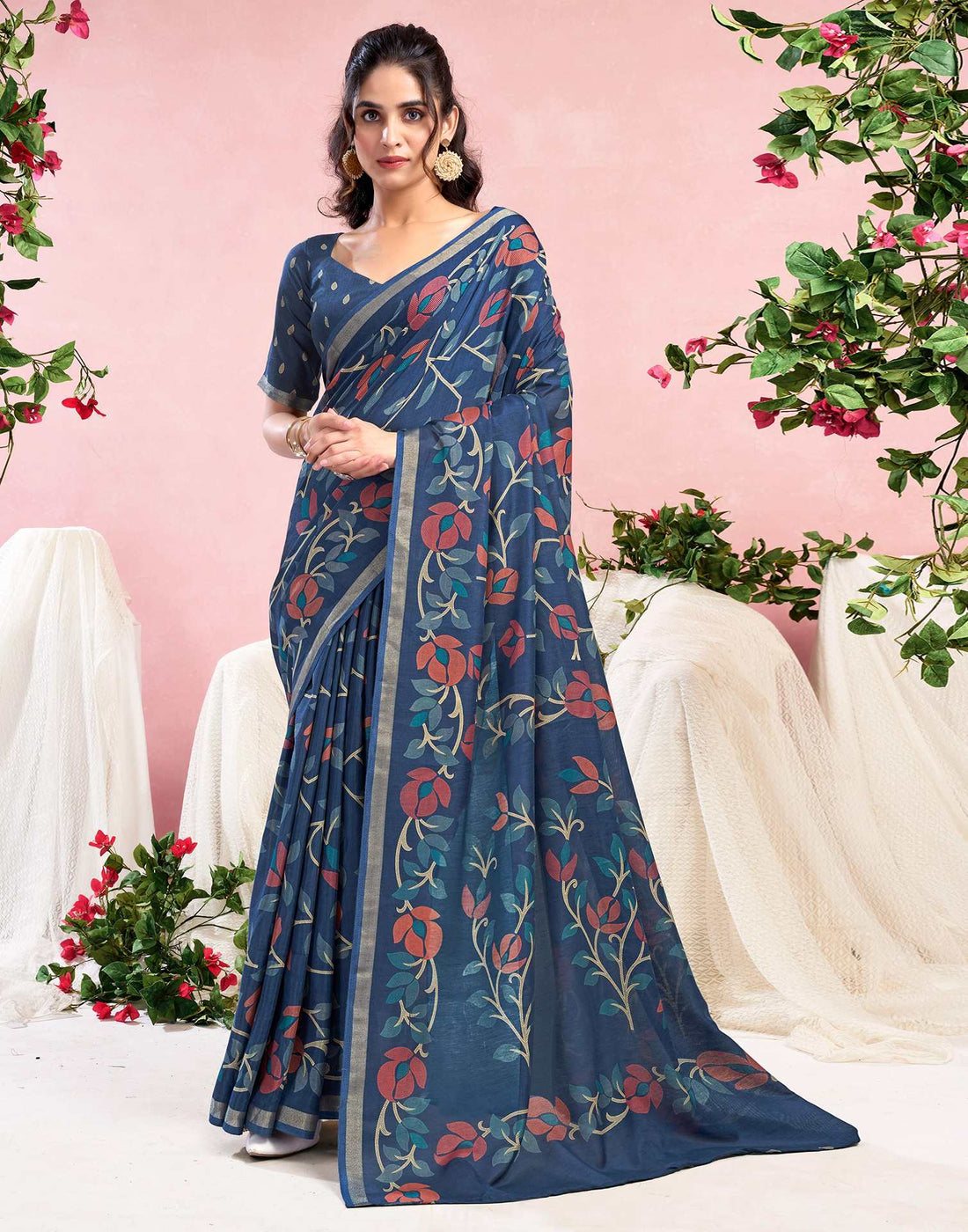 Dusty Blue Chanderi Printed Saree