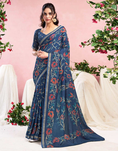 Dusty Blue Chanderi Printed Saree