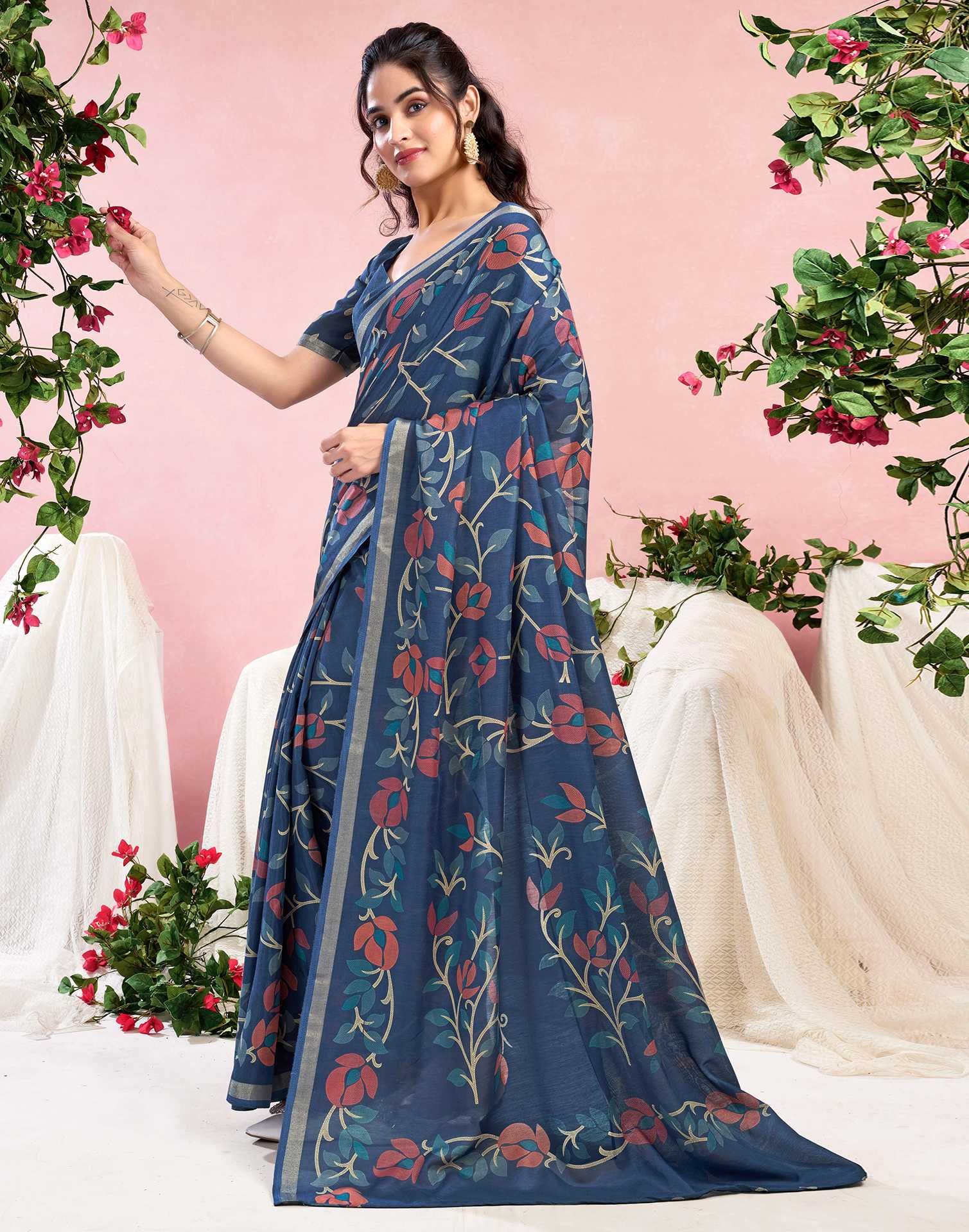 Dusty Blue Chanderi Printed Saree