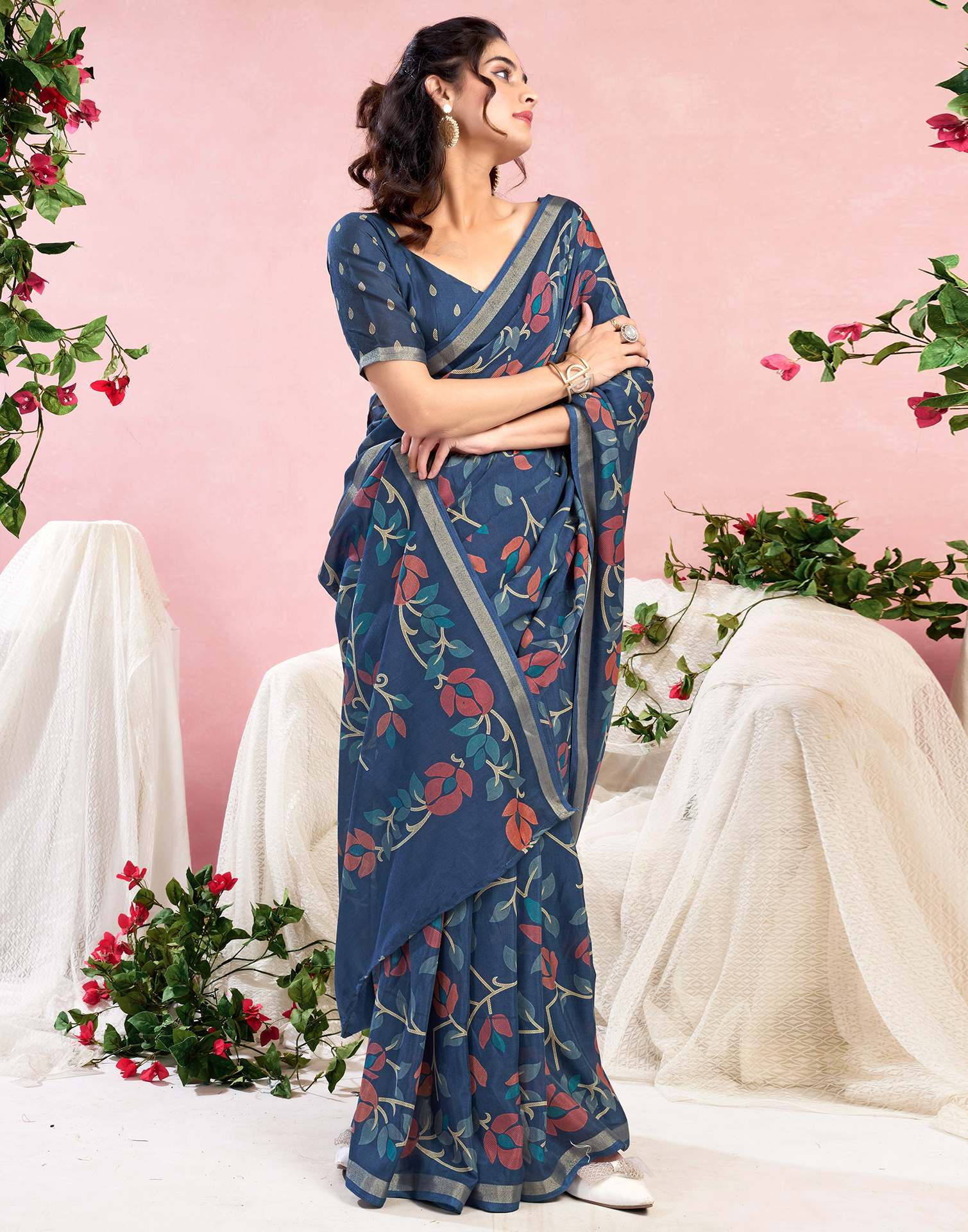 Dusty Blue Chanderi Printed Saree