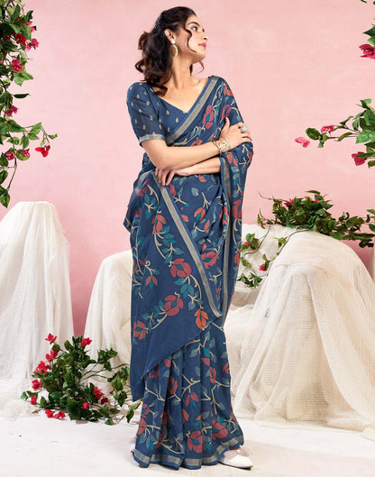 Dusty Blue Chanderi Printed Saree
