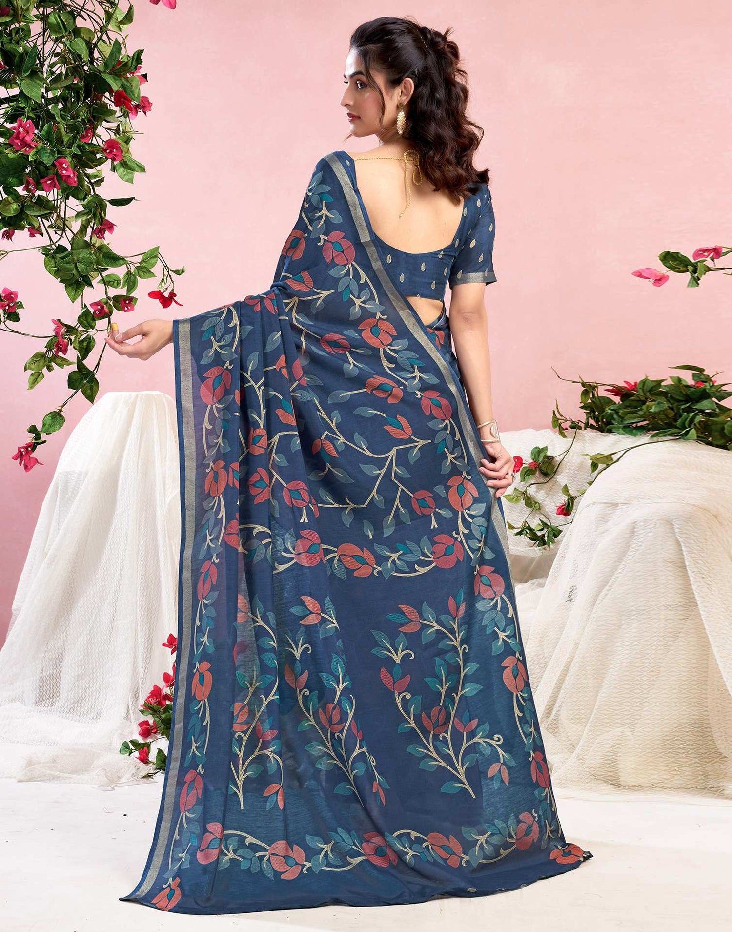 Dusty Blue Chanderi Printed Saree