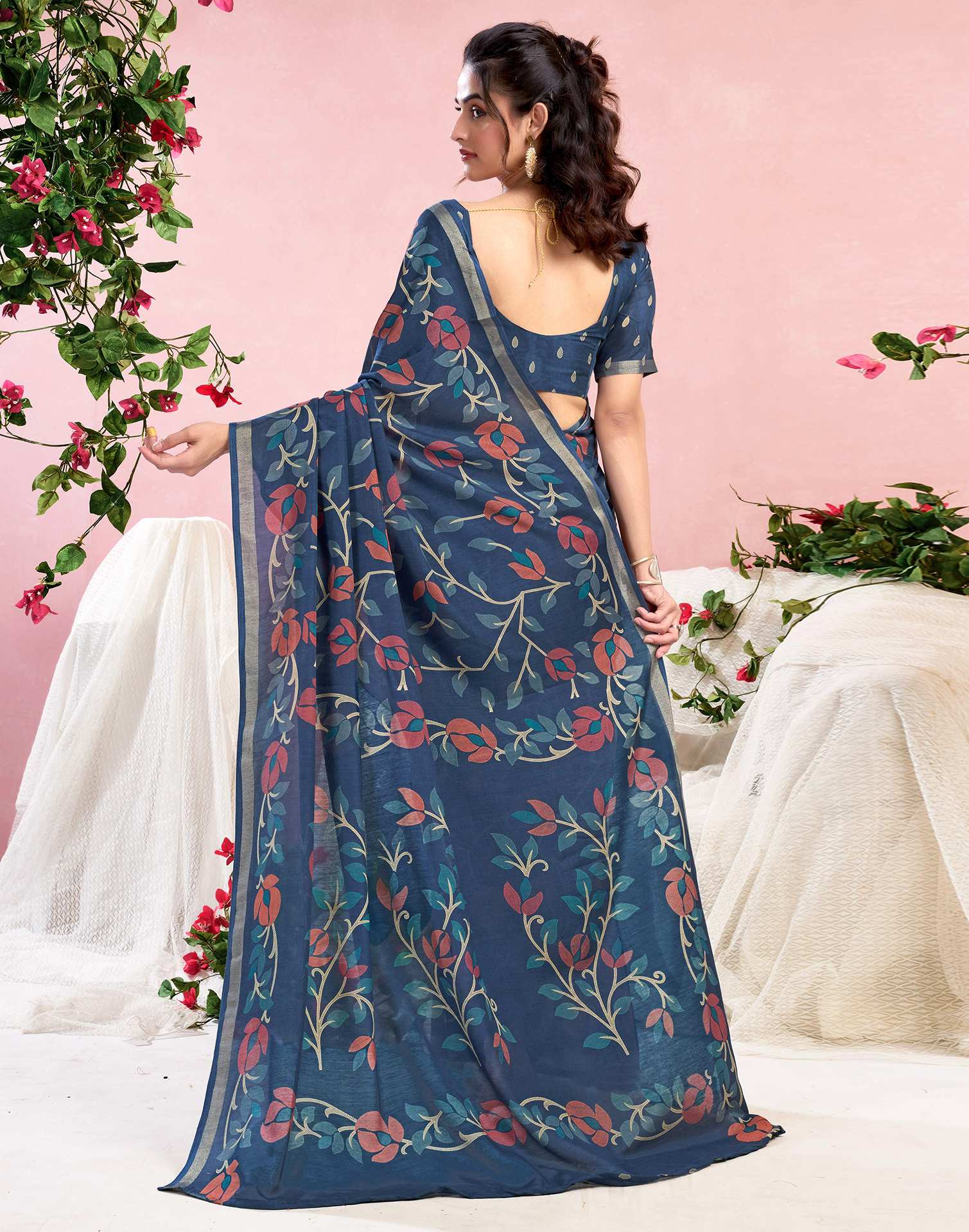 Dusty Blue Chanderi Printed Saree