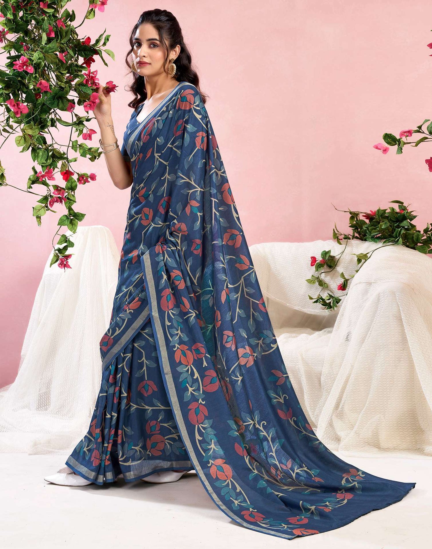 Dusty Blue Chanderi Printed Saree