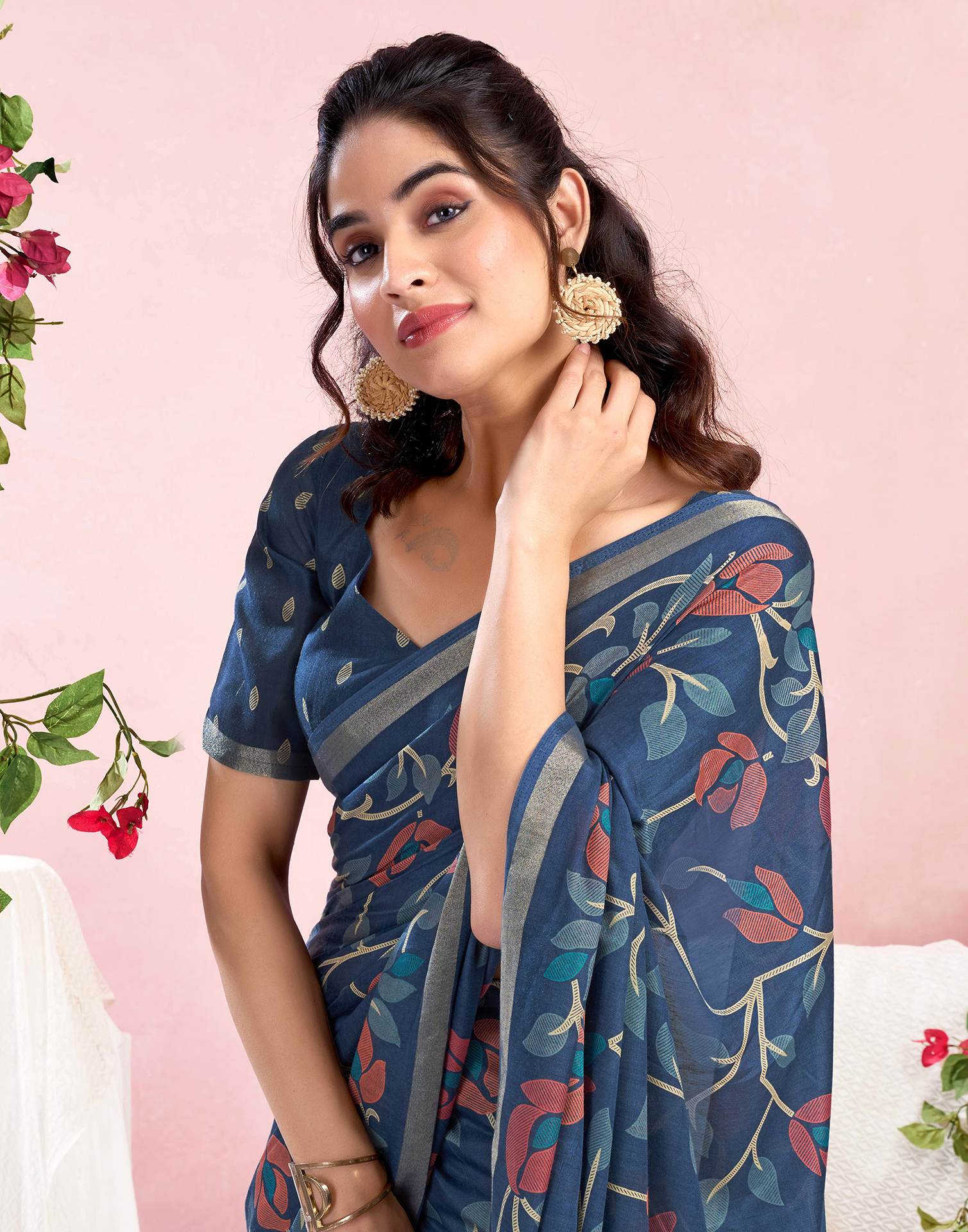 Dusty Blue Chanderi Printed Saree