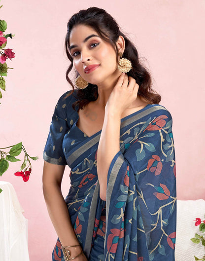 Dusty Blue Chanderi Printed Saree