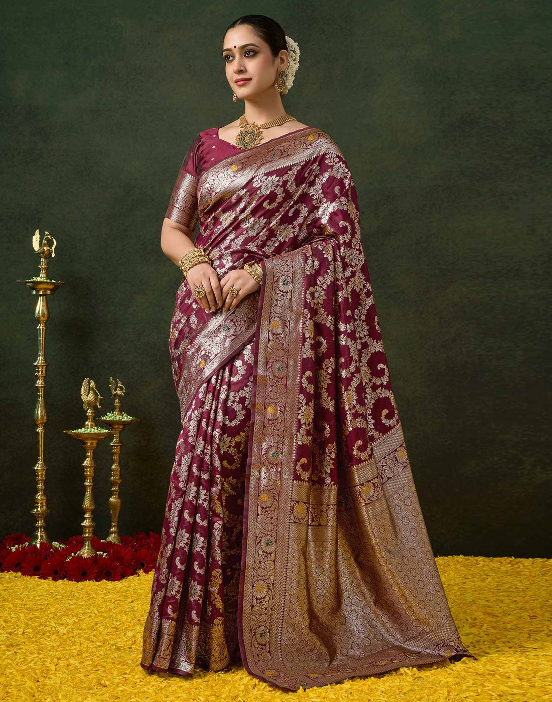 Maroon Silk Woven Banarasi Saree